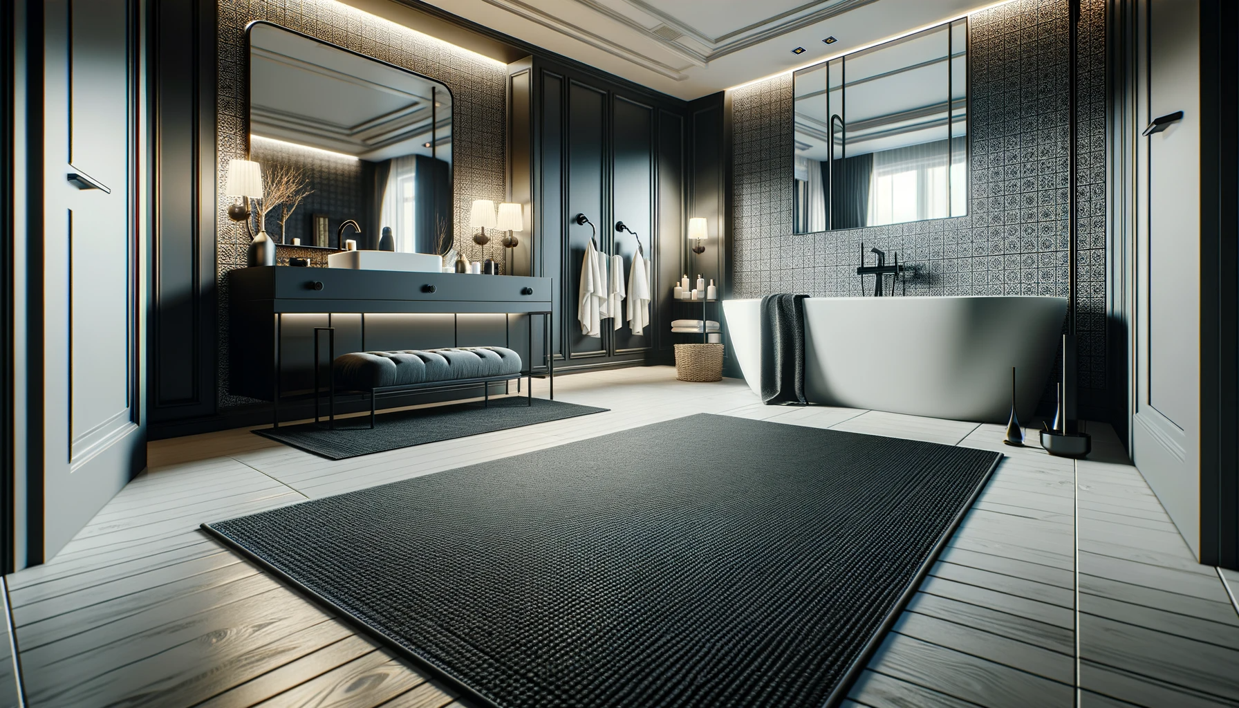tapis de bain noir dans une salle de bain luxueuse