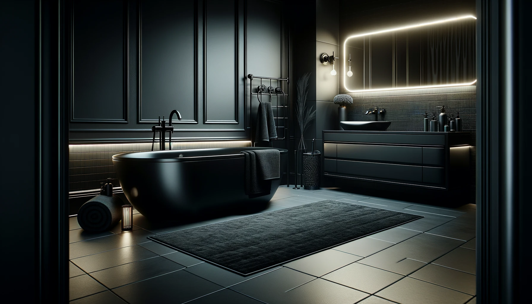 tapis de bain noir dans une salle de bain élégante