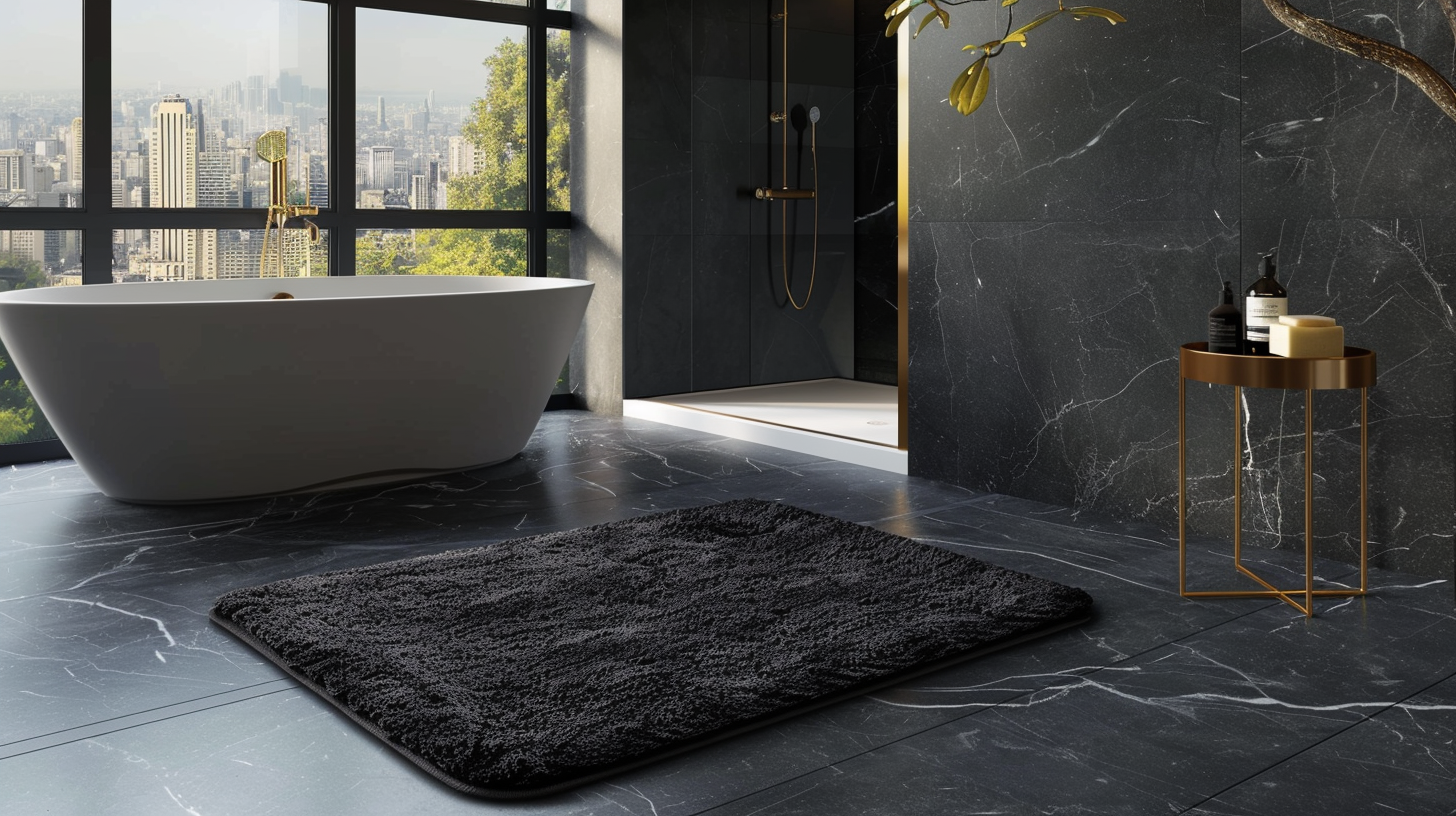 un tapis de bain noir absorbant dans une salle de bain marbre noir